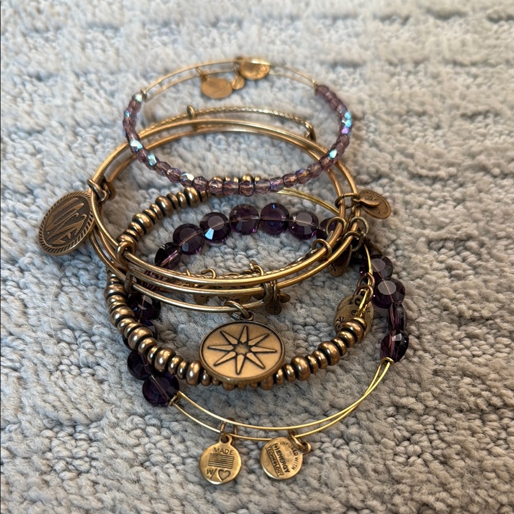 Alex and Ani Gold and Purple Bracelet Collection